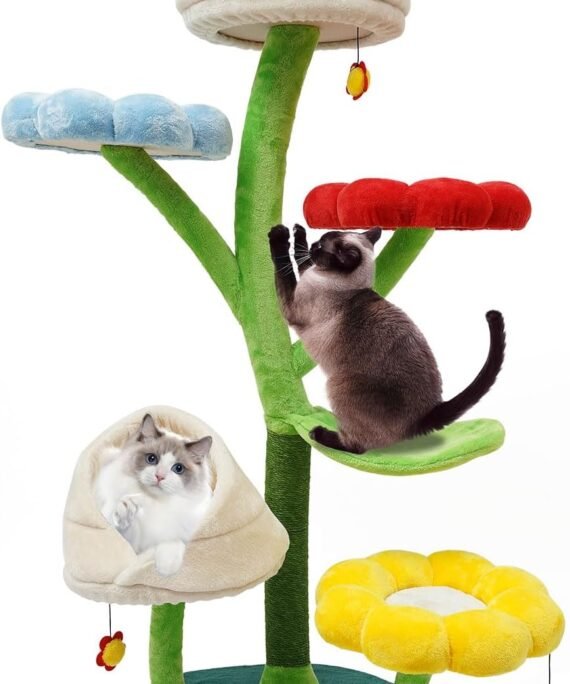 Large Cat Tree 63.8 inch Tall Cat Tower Trees with Flower Seat Cute 6-Tier Cat House Indoor Multi-Level Plant-Shaped Cat Climbing Frame for Indoor Cats, Color