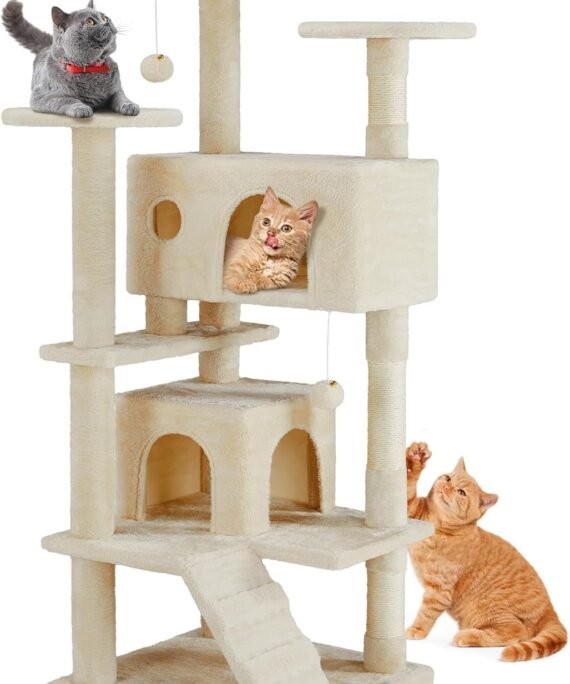 54-Inch Cat Tree Tower – Multi-Level with Sisal Scratching Post, Perfect Pet Gift, Indoor Condo with Climbing Ladder, Plush Toy, and More Animal Stuff, Beige
