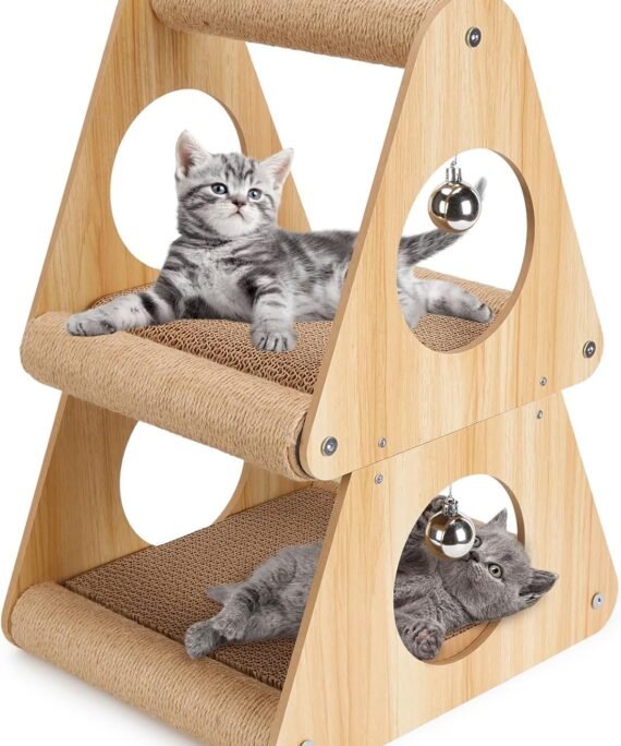 Cat Scratcher Cat House, Double-Layer Triangular Shape Cat Scratching Board, 2 in 1 Cat Scratching Post with Ball Toys for Indoor