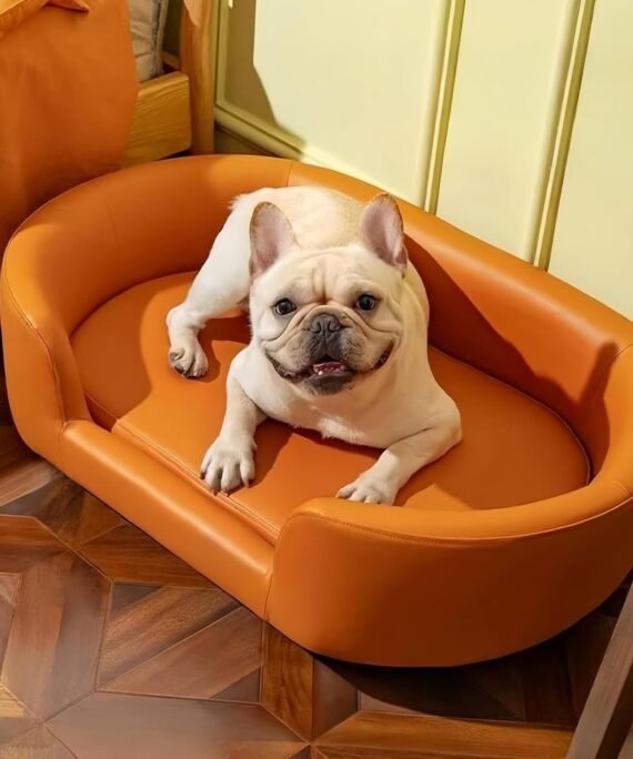 【Large Dog Sofa Bed Faux Leather Dog Sofa Couch Big Fancy Doggy Furniture Style Beds Mattress Orthopedic for Giant Breed (Orange)