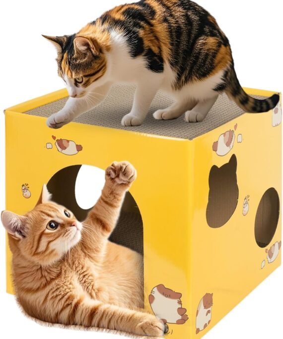 Cardboard Cat House with 2-Stories Scratch Pad | 2-Level Cat Play House, Hideaway Cave & Scratching Toy | Durable Corrugated Cat Condos Bed for Indoor Cats/Kittens/Bunny/Small Animals (Yellow)