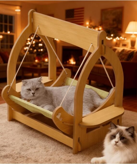2 in 1 Wooden Cat Hammock, Comfortable and Breathable Hanging Cat Bed with Soft Mattress and Pillow，Suitable for Cats or Small Dogs