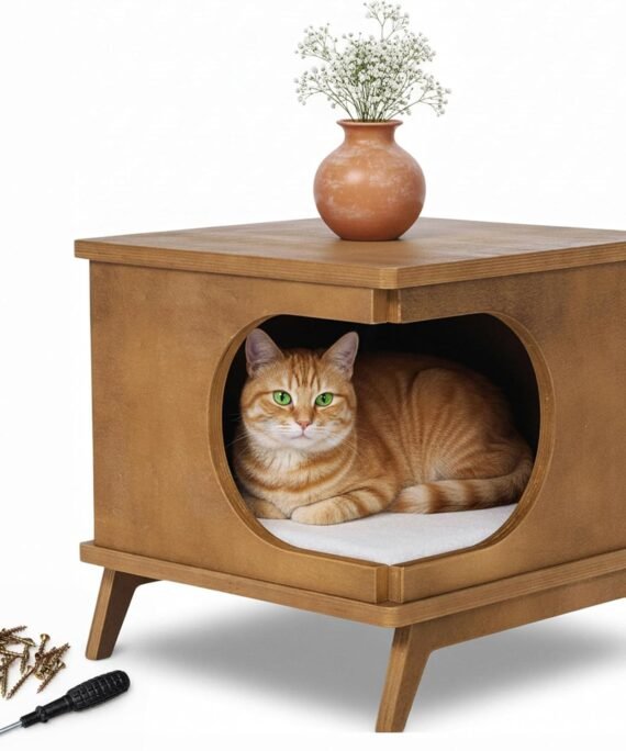 Modern Wooden Cat Bed End Table for Indoor Cats – 15.7"x15.3"x15.7" Cat House Side Table with Cushion – Stylish Nightstand Cat Condo for Bedroom or Living Room – Compact Pet Hideaway Furniture
