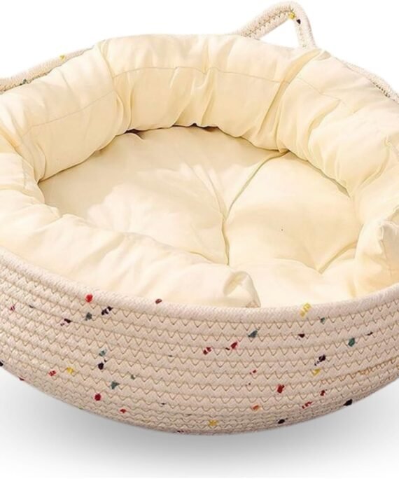 Cat Bed for Indoor Cats – Round Washable Basket with Soft Cushion & Scratchable Sides, Cozy Woven Kitten Bed, 17.7” x 5.9”