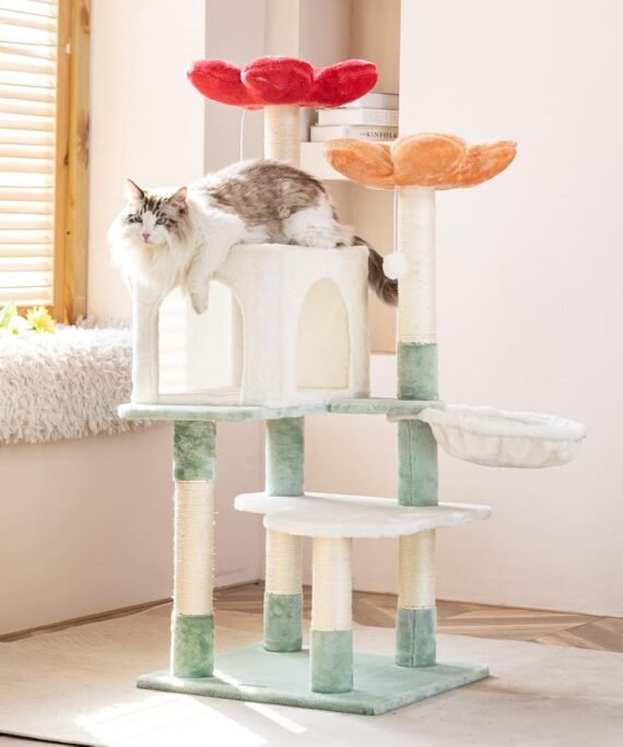 48 Inch Modern Cat Tree Tower with Hanging Basket & Flower Design - Multi-Level Cat Furniture with Plush Perches, Scratch Posts, Toy Balls - Stylish Indoor Playhouse for Cats & Kittens