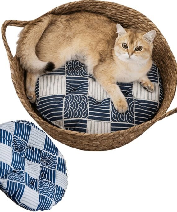Cat Bed, Straw Woven Cat Baskets Bed, Round Wicker Cat Basket Nest, Non-Slip Cozy Kitten Bed for Cats Small Dog (with Cushion,Medium)