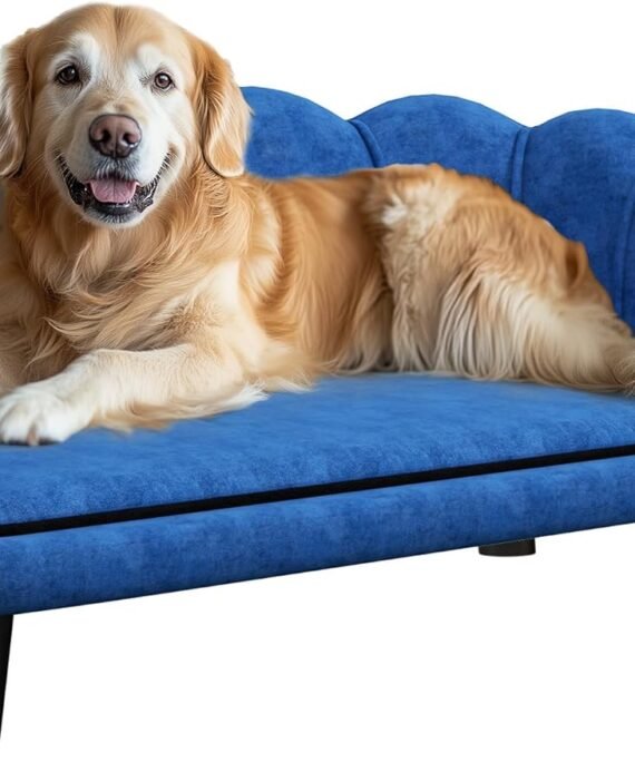 Velvet Large Dog Couch with Foam Cushion, Soft and Cute Bed with Pearl Design, Sofa for Big and Medium Dogs, Dark Blue