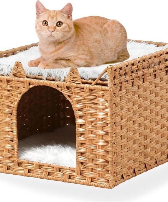 Cat Bed with Ears - Handwoven Rattan Cat Cave House for Indoor Kittens, Foldable Hideaway with 2 Removable Cushions, 16.5x16.5x13.2 Inch Natural Pet Cube for Living Room/Bedroom Natural
