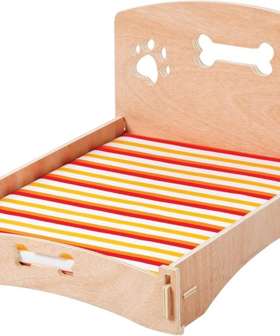 Products Wooden Dog Bed Bone and Footprint Design with Removable Stripe Cushion, Small Pet Bed for Indoor/Outdoor Use 22" L x 16" W x 12" H