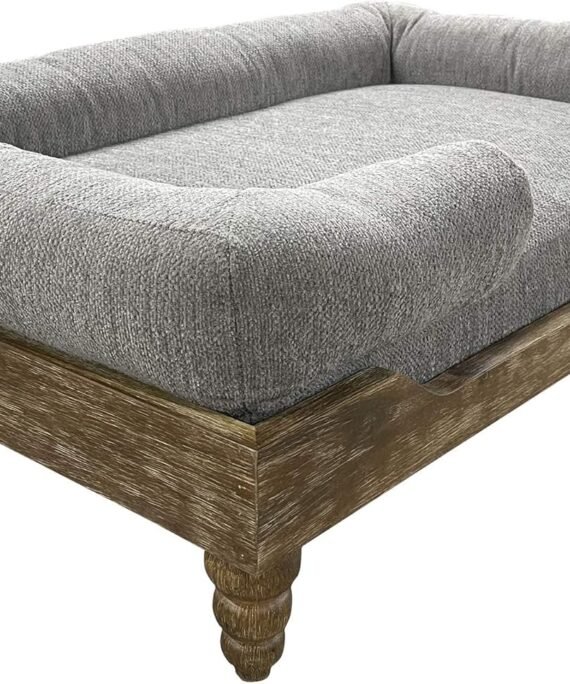 Large Washed Oak Dog Bed - Farm House Style - for Dogs 50 lbs and Under - Orthopedic Memory Foam - Carved Wooden Legs - Luxury Pet Sofa