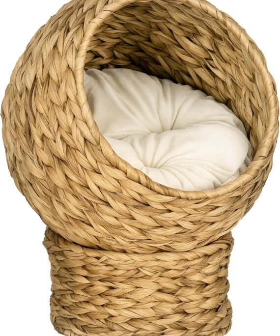Handwoven Elevated Cat Bed with Soft Cushion & Egg Chair Shape, Basket Bed Kitty House with Stand, Raised Wicker House for Indoor Cats, 20" H, Brown