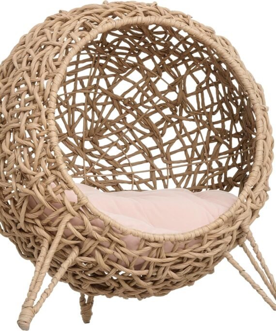 20.5" Weaved Cat Bed, Elevated Hand-Woven Braided Banana Leaf Kitten House Condo with Cushion, Beige