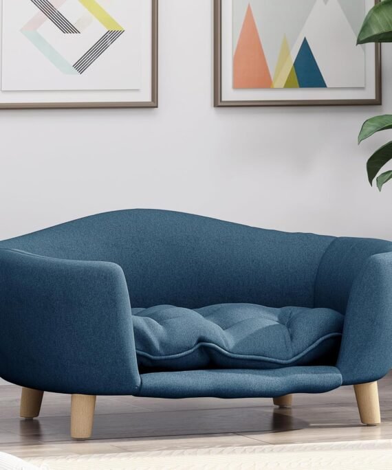 30''inch Bed Frame for Large Dogs, Modern Pet Sofa, Elevated Dog Couch Bed with Wooden Legs, Oval Small Dog Bed, Cozy Tufted Cushion Pet Furniture (Navy Blue)