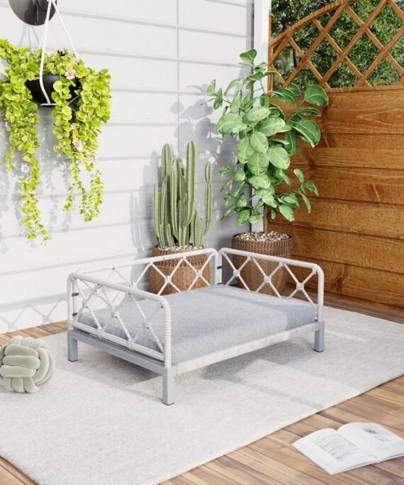Elevated Indoor & Outdoor Dog Bed for Small Dogs, Durable Rattan Wicker Pet Sofa with Removable Washable Waterproof Cushion, Stylish Dog Couch, White Rattan/Grey Mat