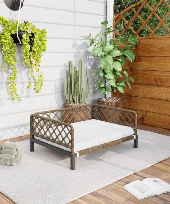 Outdoor Wicker Dog Bed Indoor Rattan Dog Sofa with Soft Cushion (Brown Wicker/White Cushion, Small)