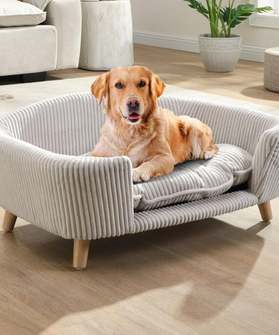 30''inch Bed Frame for Large Dogs, Modern Pet Sofa, Elevated Dog Couch Bed with Wooden Legs, Oval Small Dog Bed, Cozy Tufted Cushion Pet Furniture (Beige)
