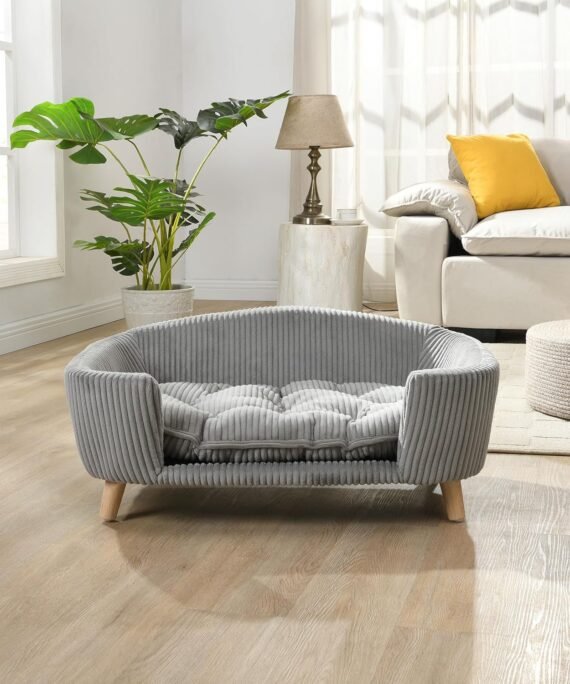 Orthopedic Dog Bed, Elevated Dog Sofa Bed for Small Dog, Supportive Foam Pet Couch Bed with Wooden Legs, Modern Pet Sofa Bed, Gray
