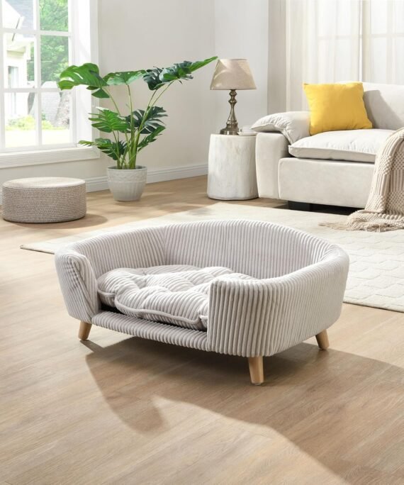 Orthopedic Dog Bed, Elevated Dog Sofa Bed for Small Dog, Supportive Foam Pet Couch Bed with Wooden Legs, Modern Pet Sofa Bed, Light Beige