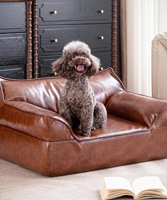 Brown Leather Dog Couch Bed for Medium Small Dogs Under 50 lbs, 31.5 Inch Mid-Century Modern Luxury Elevated Dog Sofa Indoor, Furniture Style Vintage Raised Pet Sofa Bed (Medium)