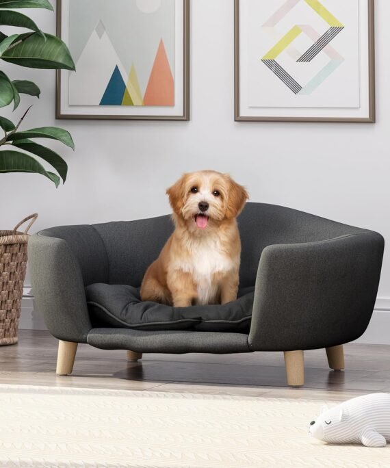 Orthopedic Dog Bed, Elevated Dog Sofa Bed for Small Dog, Supportive Foam Pet Couch Bed with Wooden Legs, Modern Pet Sofa Bed, Dark Gray